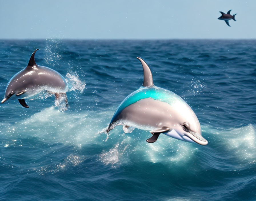 Three dolphins leaping over ocean waves under clear blue sky