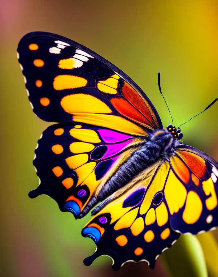 Vividly colored butterfly with open wings against multicolored background