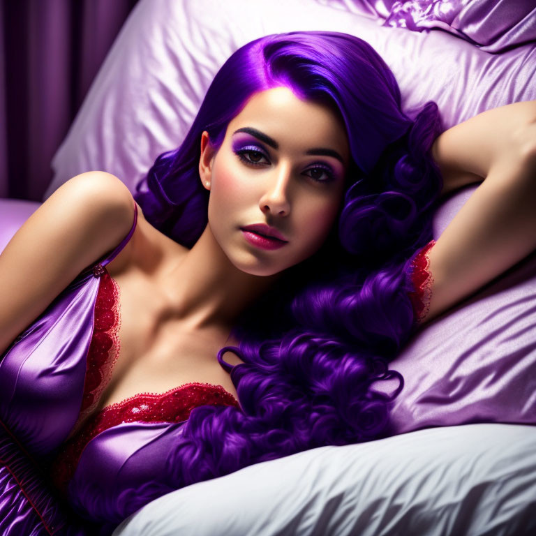 Vibrant purple-haired woman on silk bedding in red and purple dress