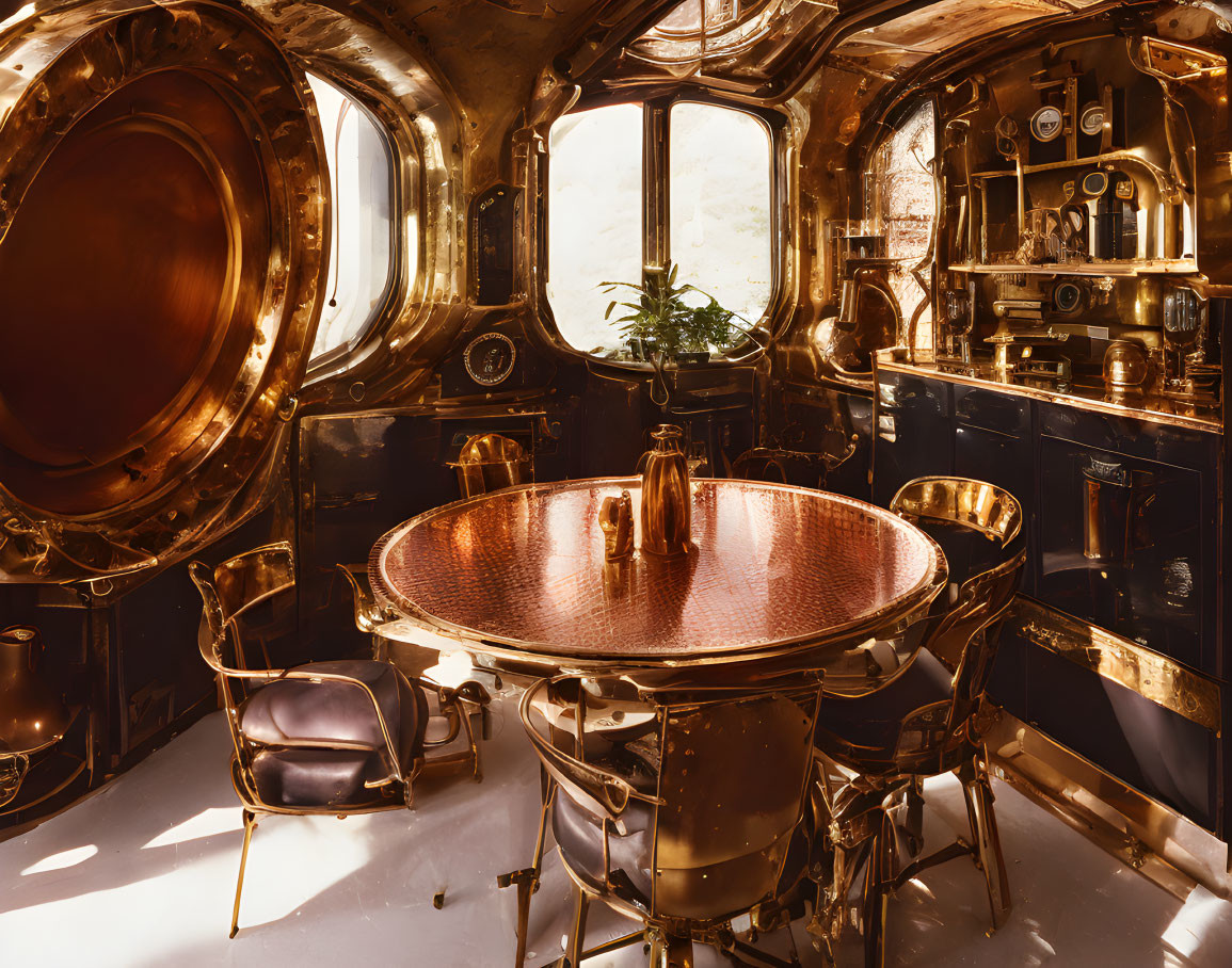 Vintage submarine interior with brass portholes and copper furniture in warm light