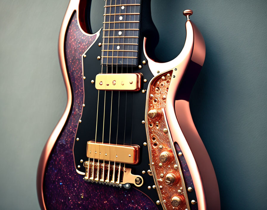 Glittery Purple Electric Guitar with Gold Hardware on Gray Background