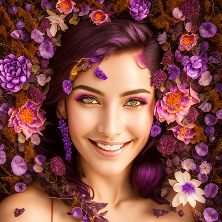 Smiling woman with purple hair among vibrant flowers