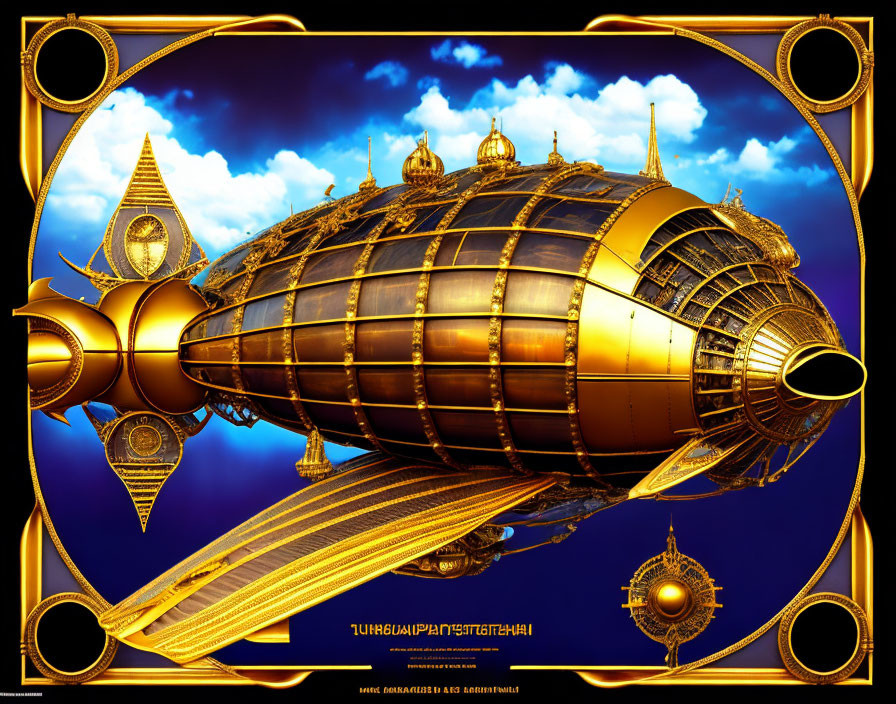 Fantasy steampunk airship with golden designs on blue sky.