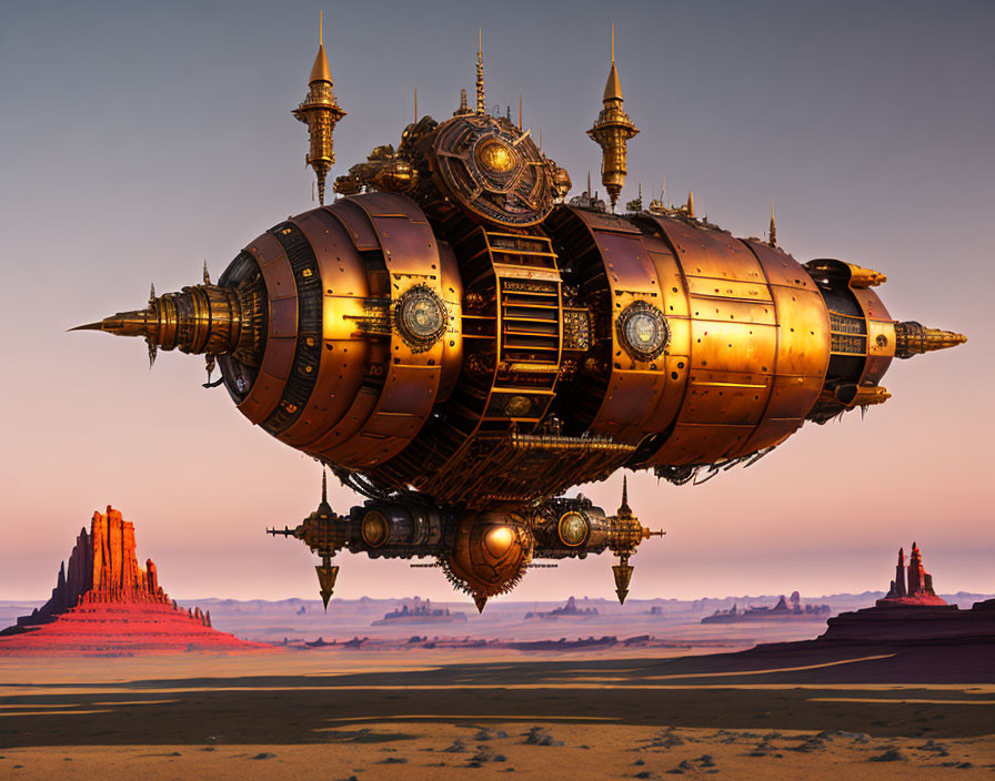 Steampunk airship with metallic details over desert landscape at sunset