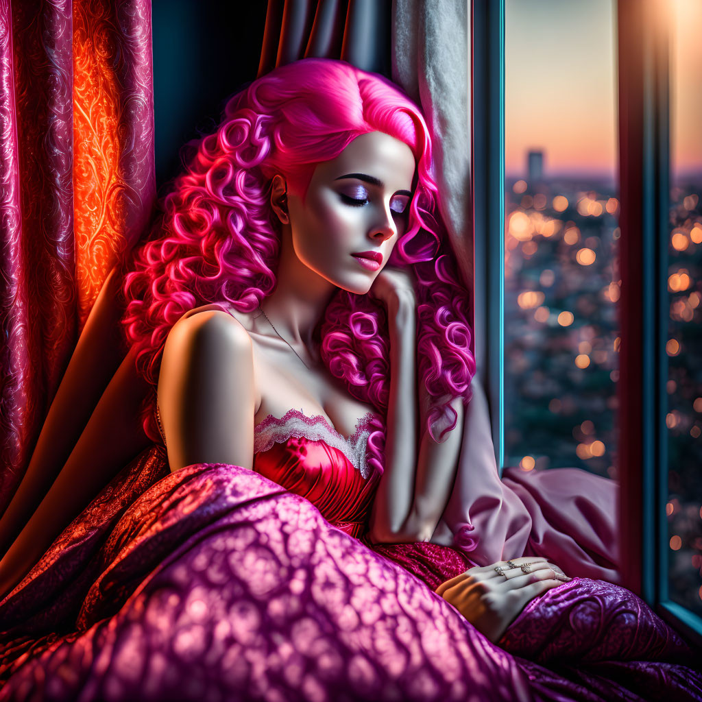 Woman with Bright Pink Hair Sitting by Window at Dusk in Purple Fabric