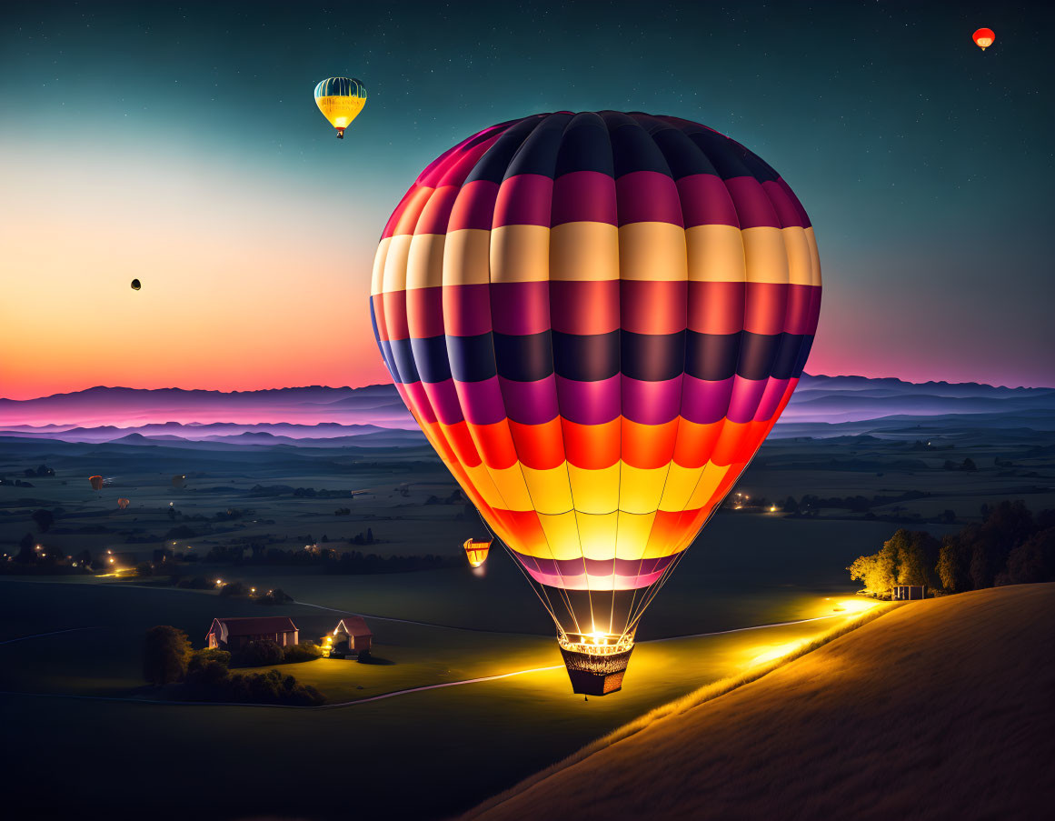 Colorful hot air balloon over serene landscape with rolling hills at dusk.