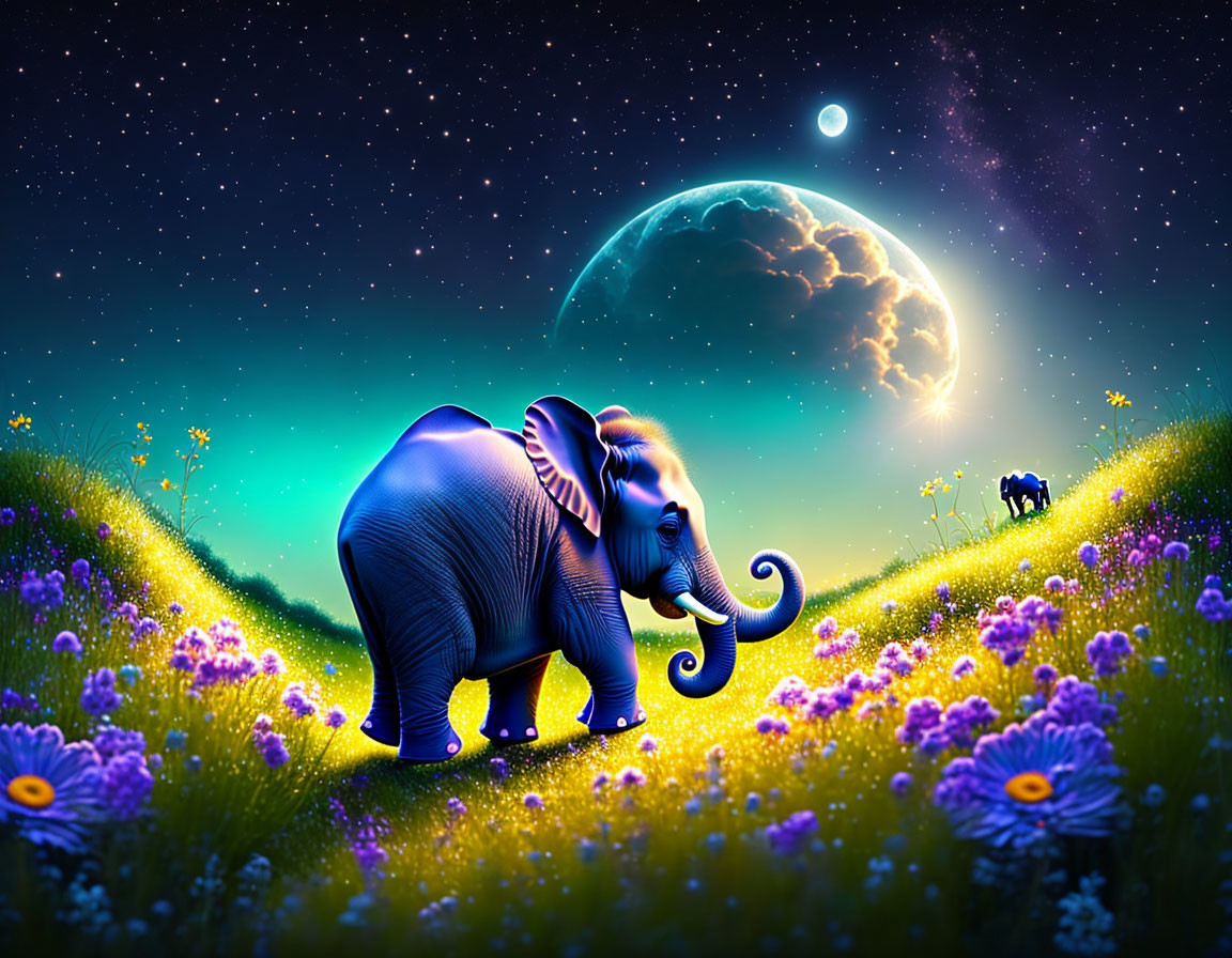 Elephant in vibrant starry night landscape with moon and flowers