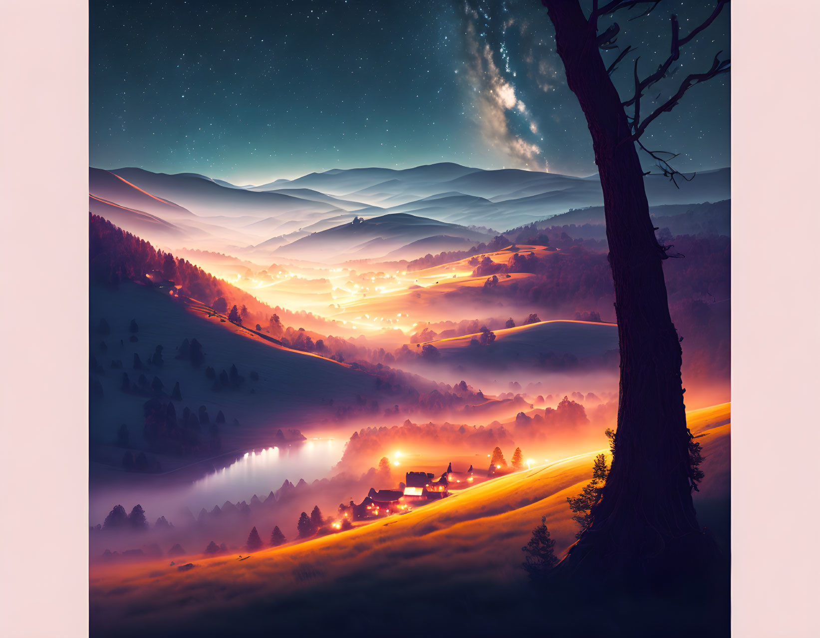 Serene Night Landscape with Rolling Hills and Starry Sky