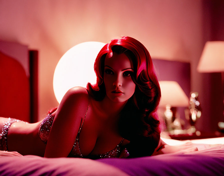 Styled hair woman in dimly lit room with retro ambiance