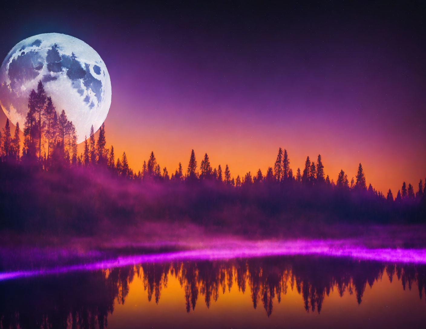 Vibrant purple and orange sunset over surreal landscape with moon, forest, and lake