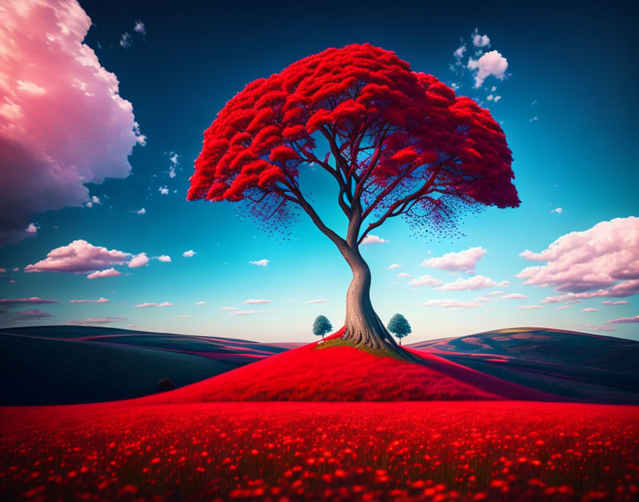 Vibrant tree with lush red canopy on rolling hills under blue sky