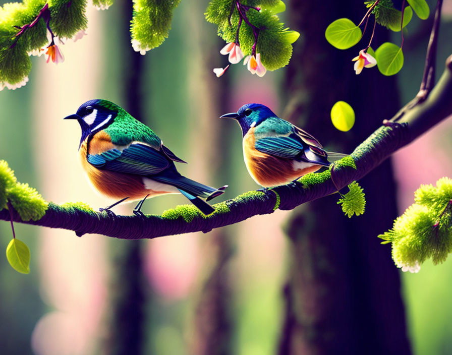 Colorful birds on branch with green leaves and pink blossoms in forest scene