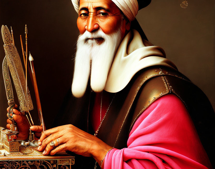 Elderly man in turban and robes with quill, ink, and sword