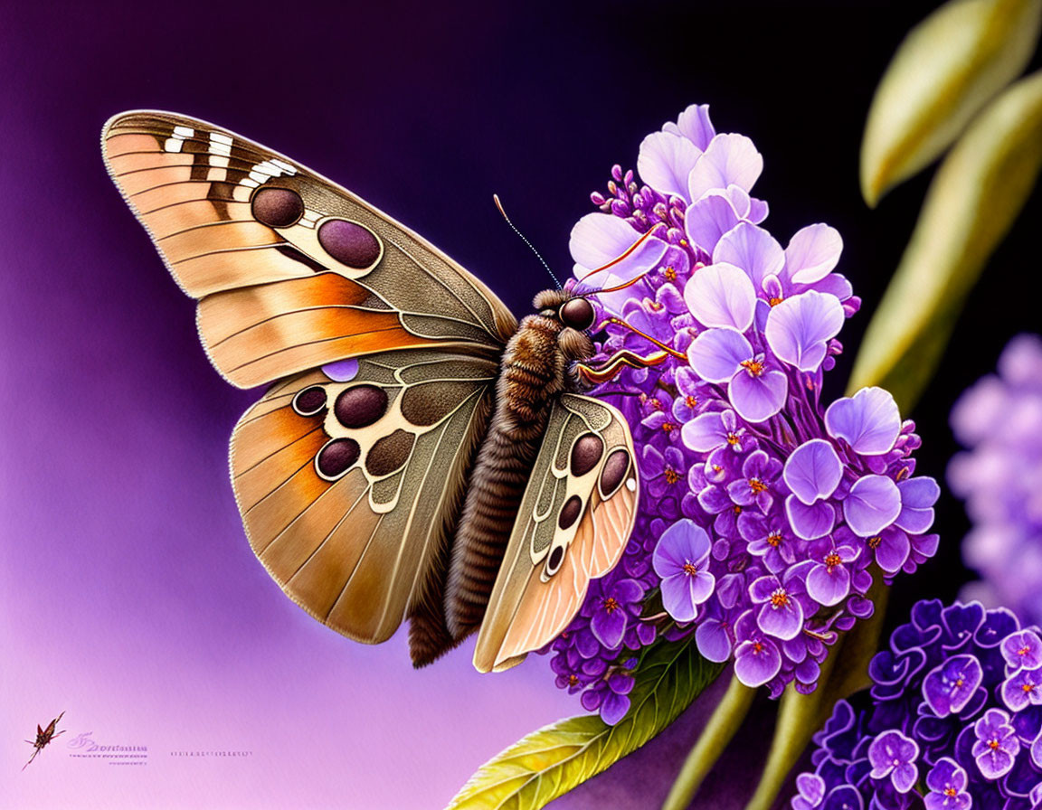 Detailed Butterfly Illustration: Brown and Orange Wings on Purple Flowers