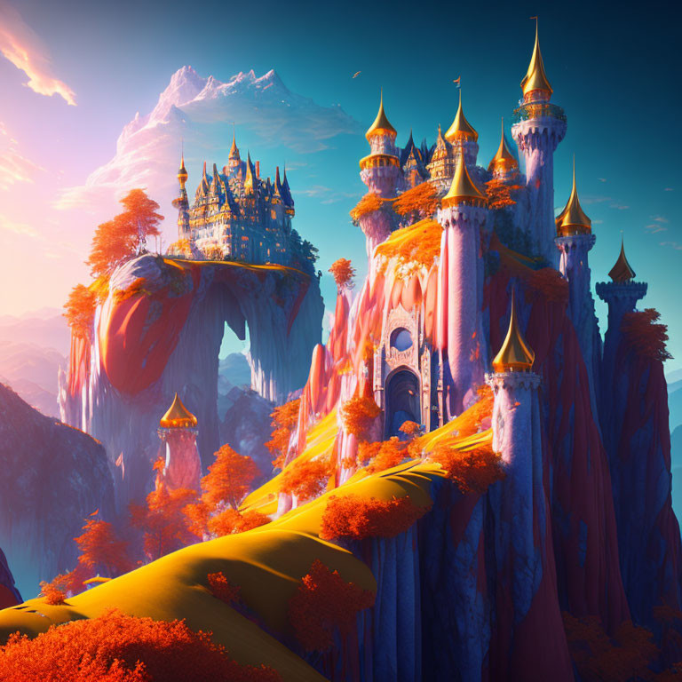 Majestic fantasy castle on autumn cliffs with waterfalls