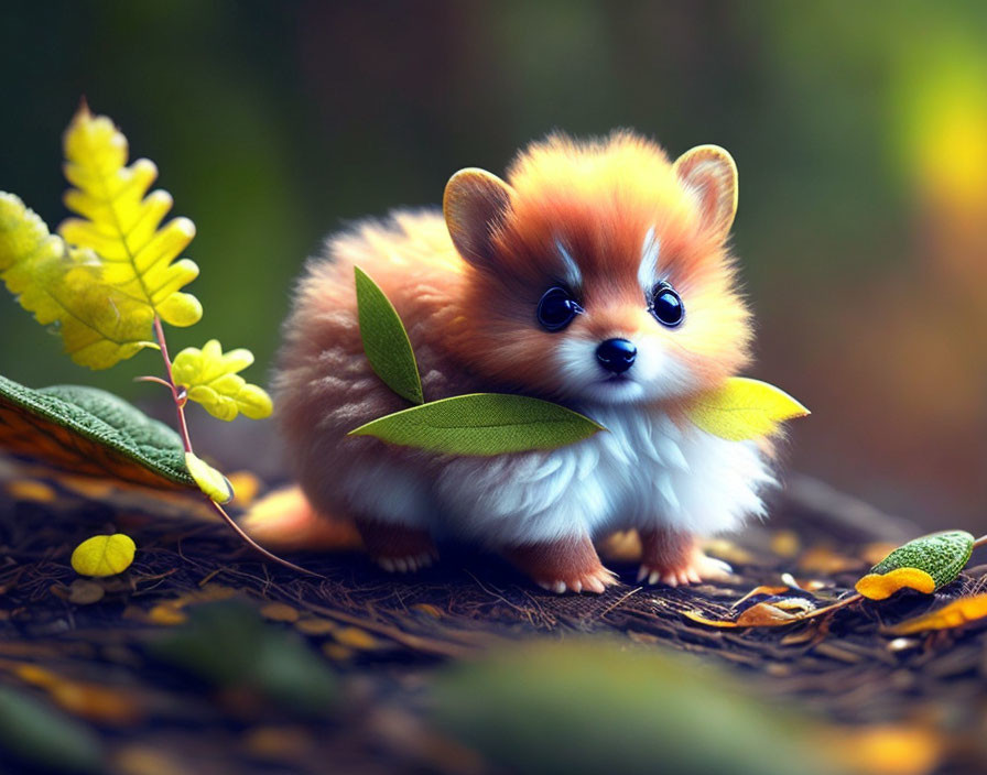 Fluffy fantasy creature in autumn leaves landscape