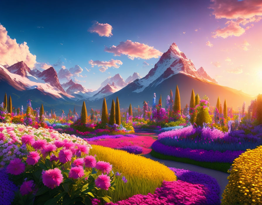 Colorful Flowers in Front of Snow-Capped Mountains at Sunset