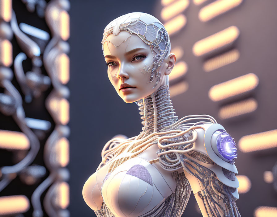 Detailed 3D rendering of female humanoid robot in white and silver against dark background