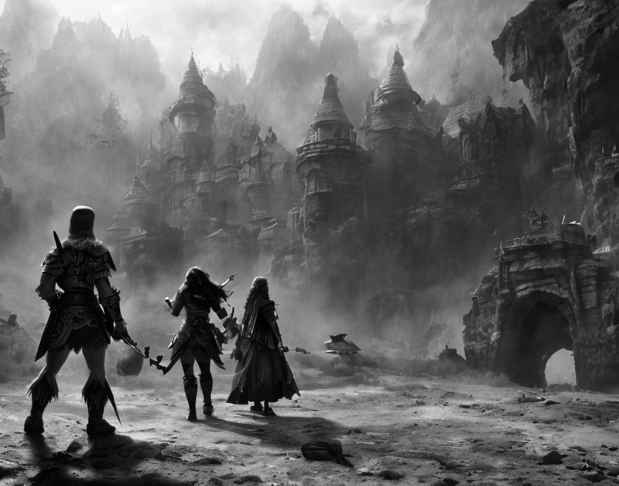 Armored warriors in ancient rocky landscape under cloudy sky