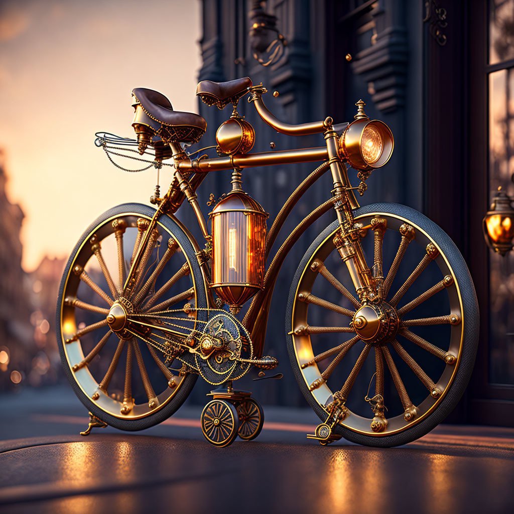 Vintage-style Bicycle with Ornate Golden Details in Urban Sunset Setting