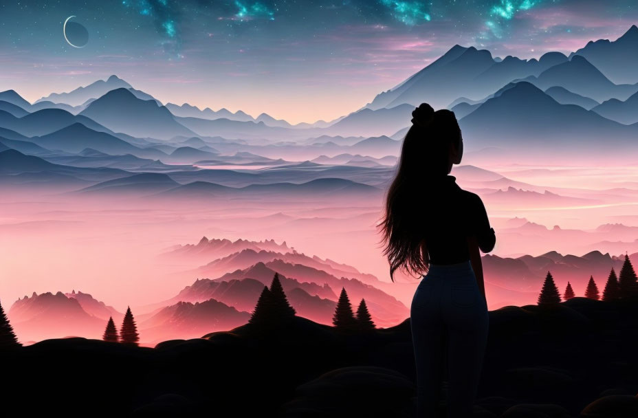 Silhouetted woman against vibrant twilight sky with mountains and crescent moon