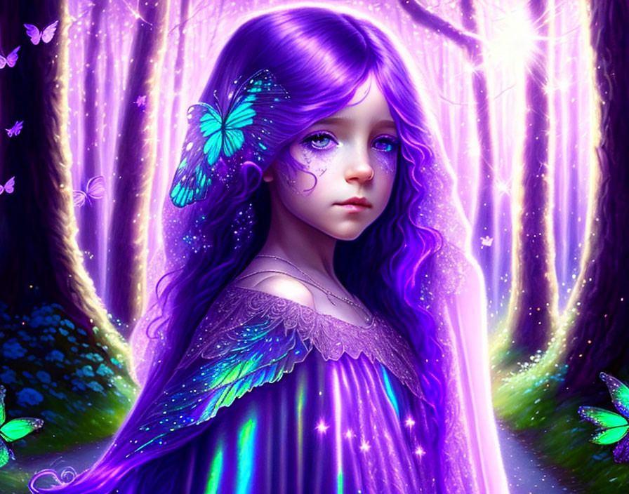 Digital artwork: Young girl with violet hair in mystical forest with glowing butterflies and sparkling lights