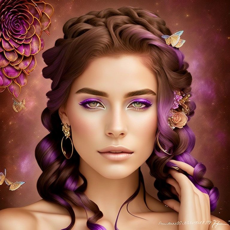 Digital portrait of woman with braided hair, purple makeup, earrings, and flowers on brown background with