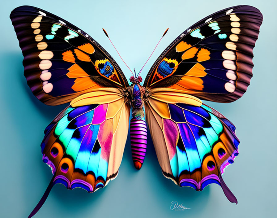 Colorful Butterfly Illustration in Blue, Purple, Orange, and Black on Soft Background