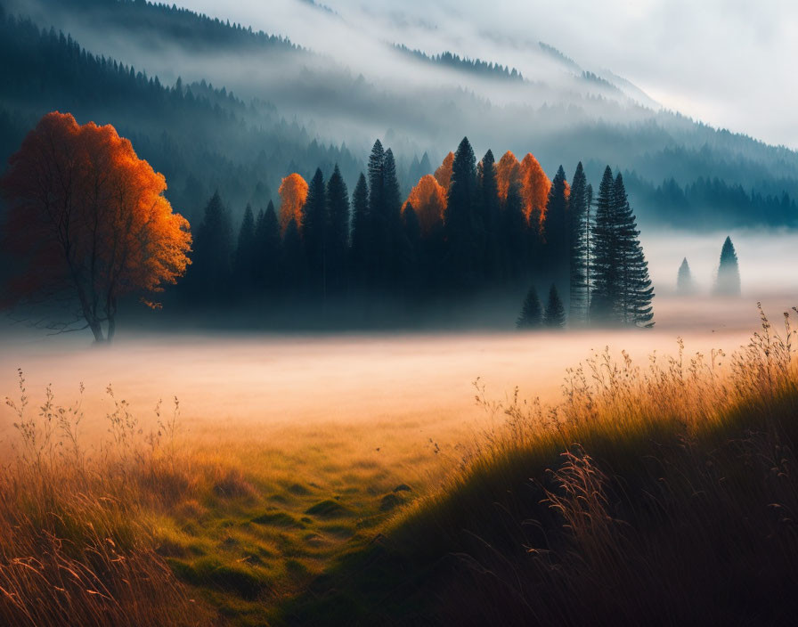 Misty autumn landscape with orange tree and foggy hills