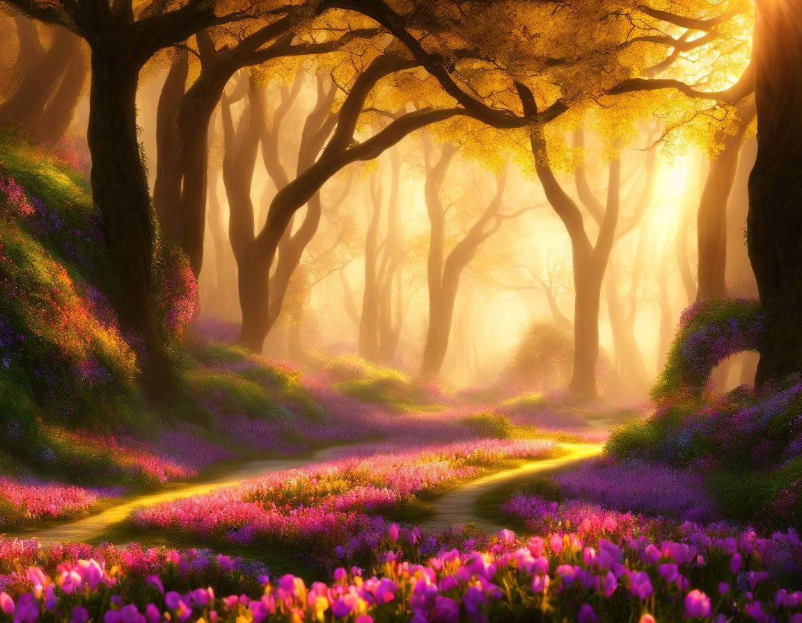 Blooming purple flowers in misty forest with golden sunlight