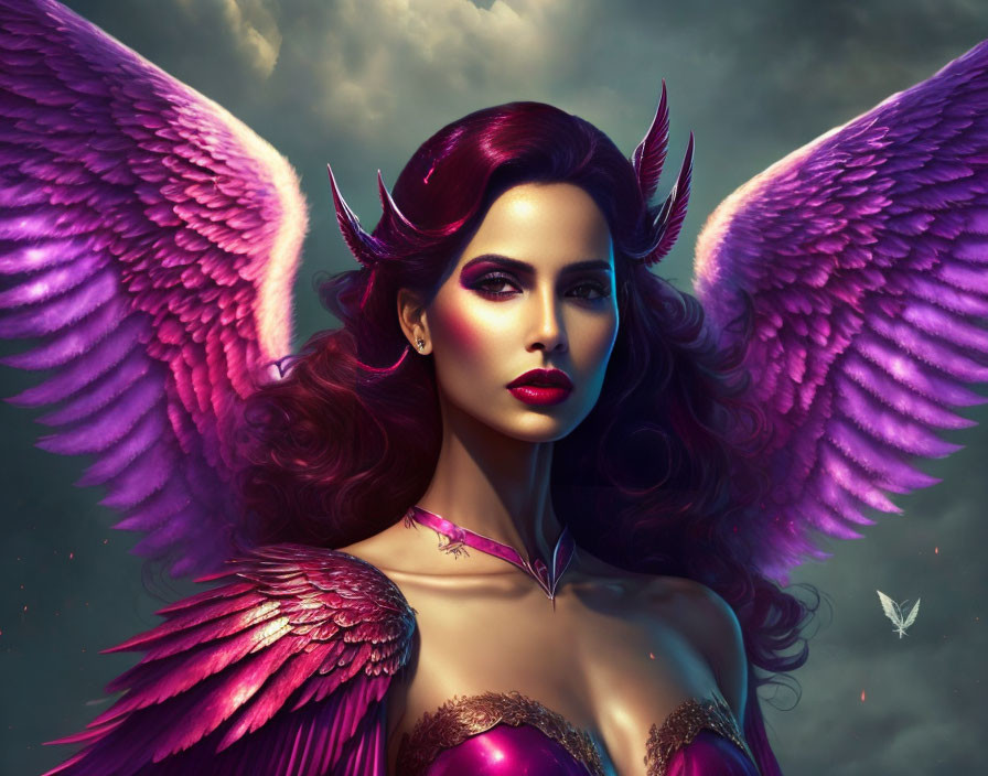 Fantasy digital artwork of female figure with pink wings and red hair