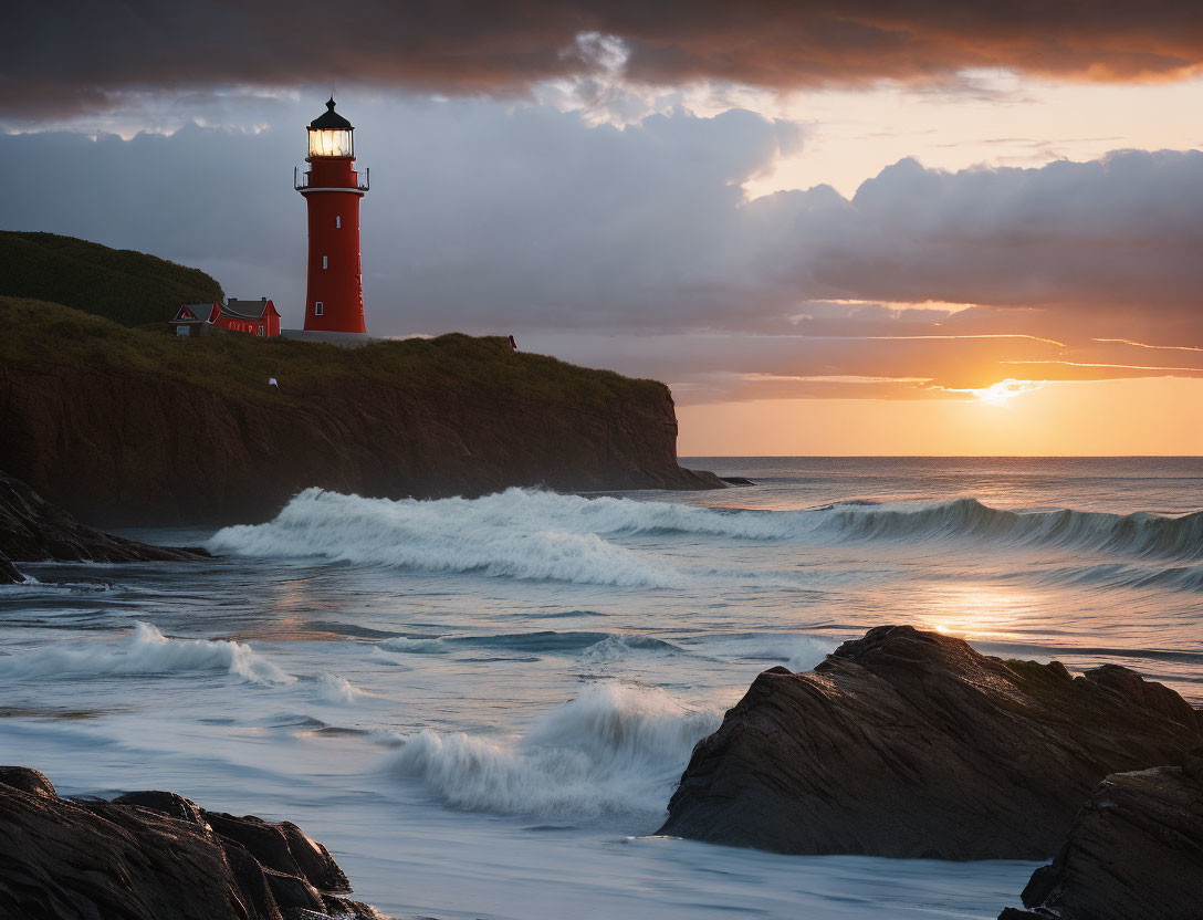 Red lighthouse on cliff by turbulent sea at sunset