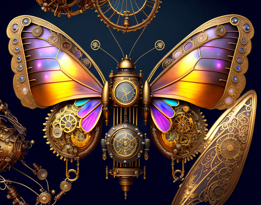 Steampunk-themed image: Mechanical butterfly among clocks and gears