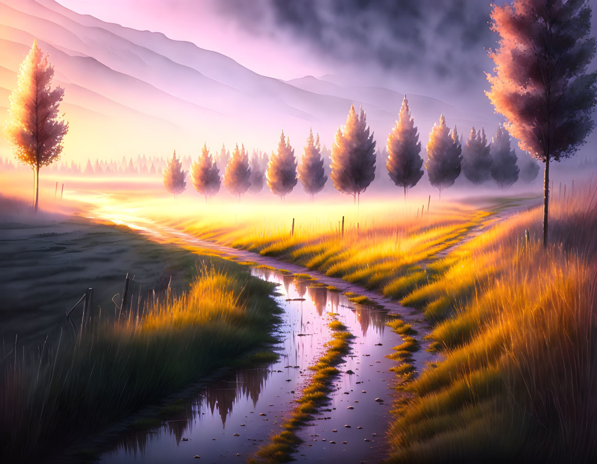 Golden fields, trees, water puddle, misty mountains in surreal dusk landscape