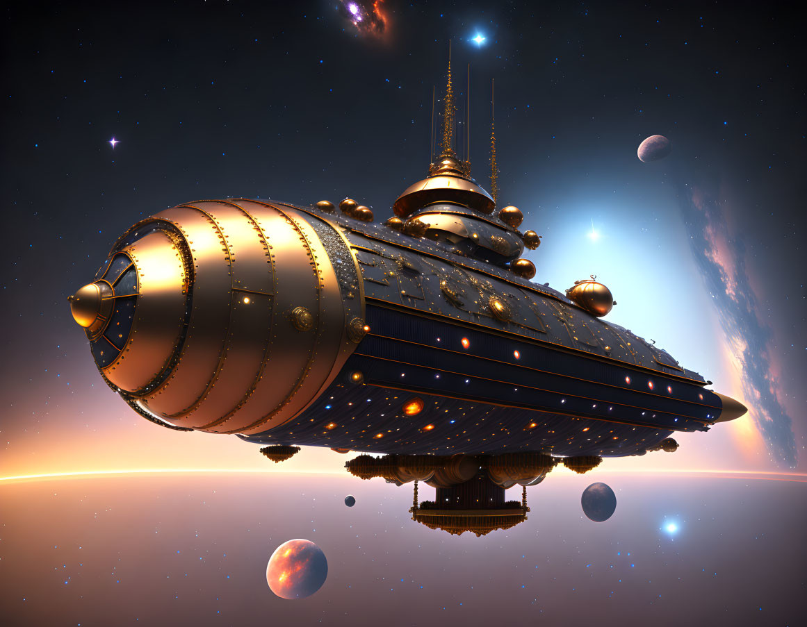 Elaborate futuristic spaceship in space with distant planets and starlit sky