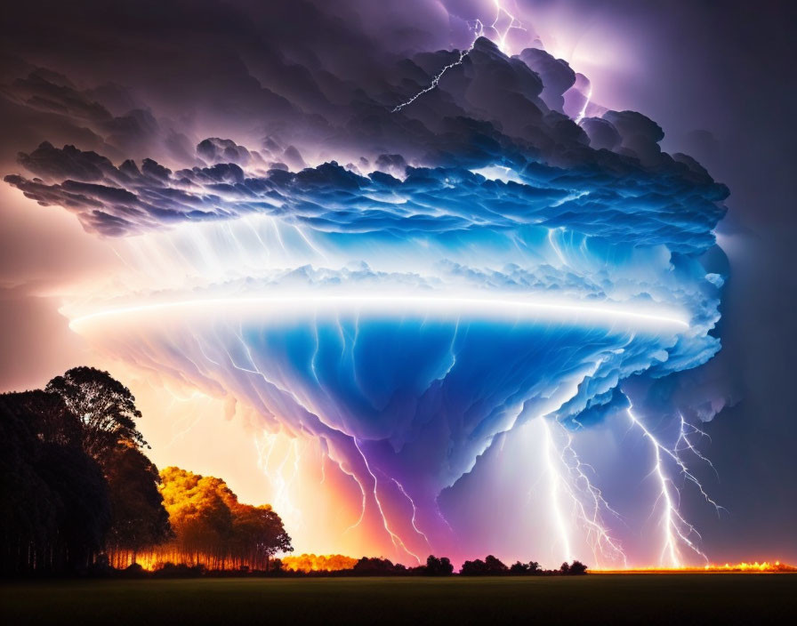 Powerful Supercell Thunderstorm with Lightning Strikes and Silhouetted Trees