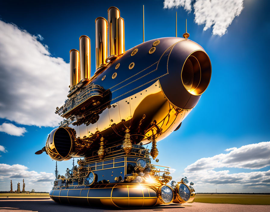 Steampunk submarine with gold and blue details on flat surface