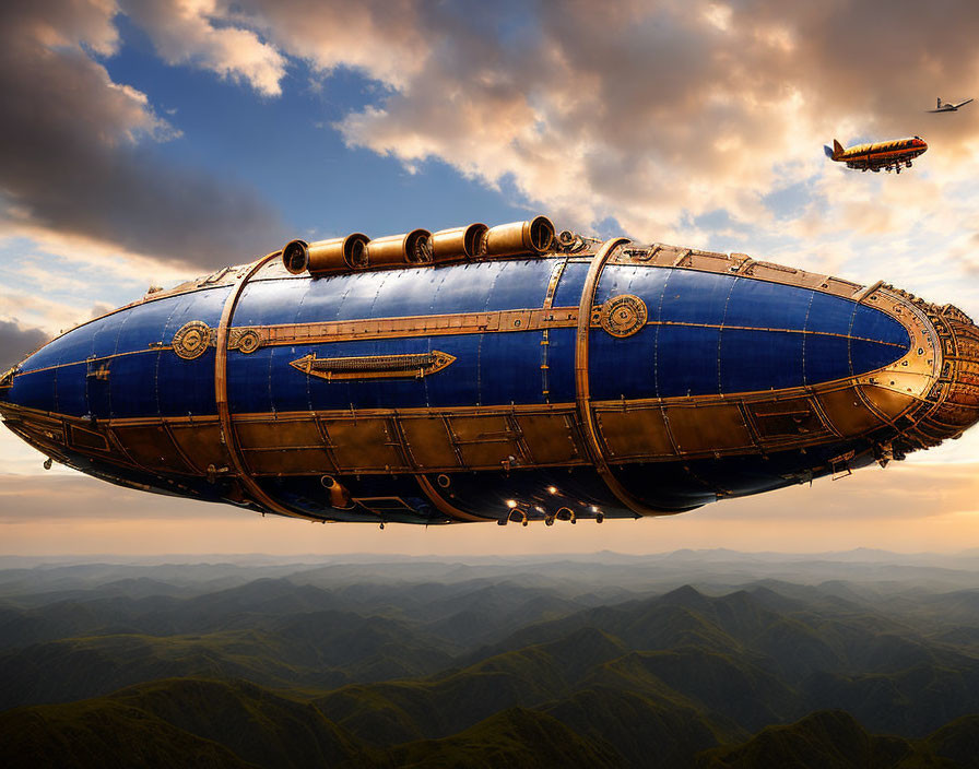 Retro-futuristic airship flying over green hills with smaller vessel