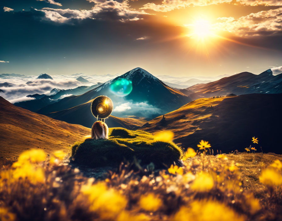 Person sitting on grassy hill at sunset with crystal ball and mountains view.