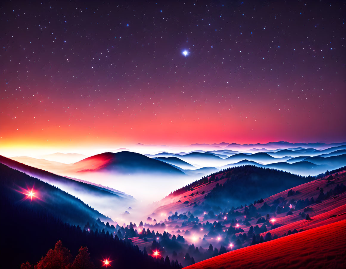 Colorful sunset over misty hills with starry sky and glowing valley lights