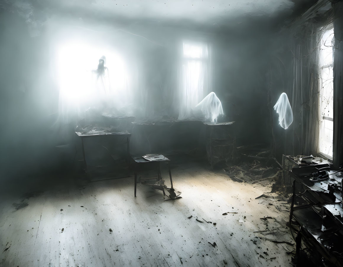 Eerie room with ghost-like figures and debris.