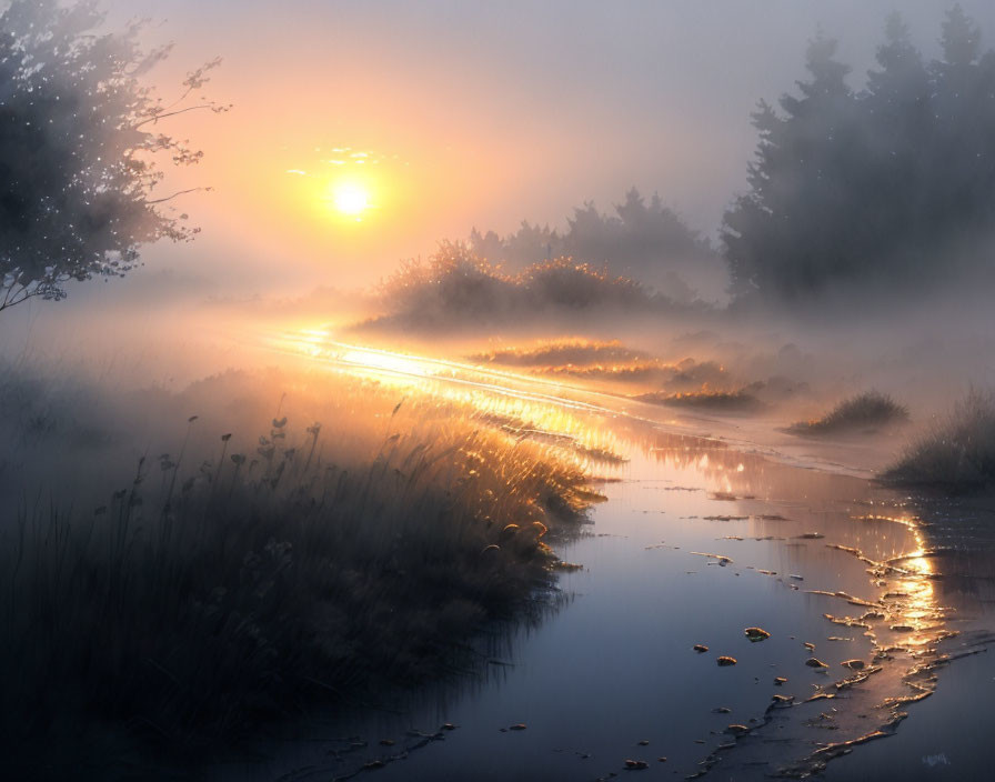 Foggy Sunrise Landscape with Golden Sun Reflection