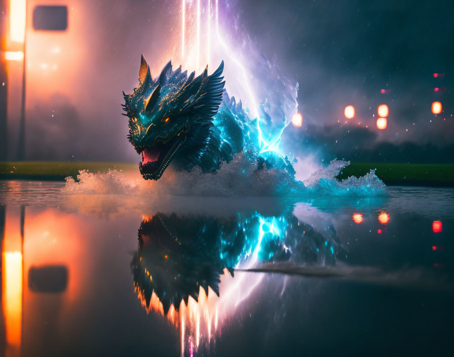 Majestic dragon emerging from water with lightning reflection at night