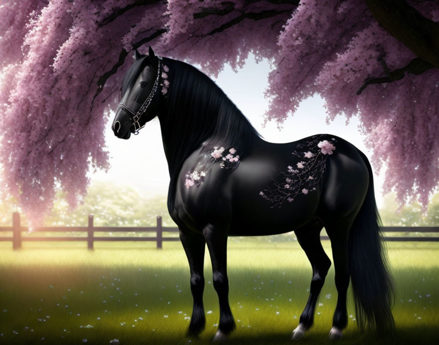 Black horse under pink cherry tree in fenced pasture with falling petals