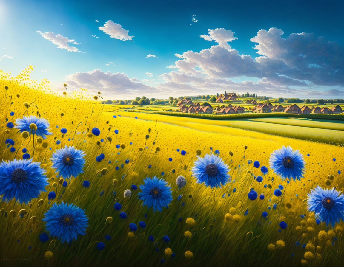 Scenic landscape: yellow flowers, blue cornflowers, green hills, village, blue sky