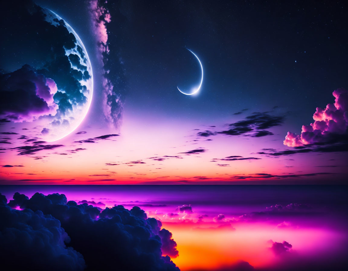 Vivid dreamscape with large crescent moon, purple and orange hues, silhouetted clouds