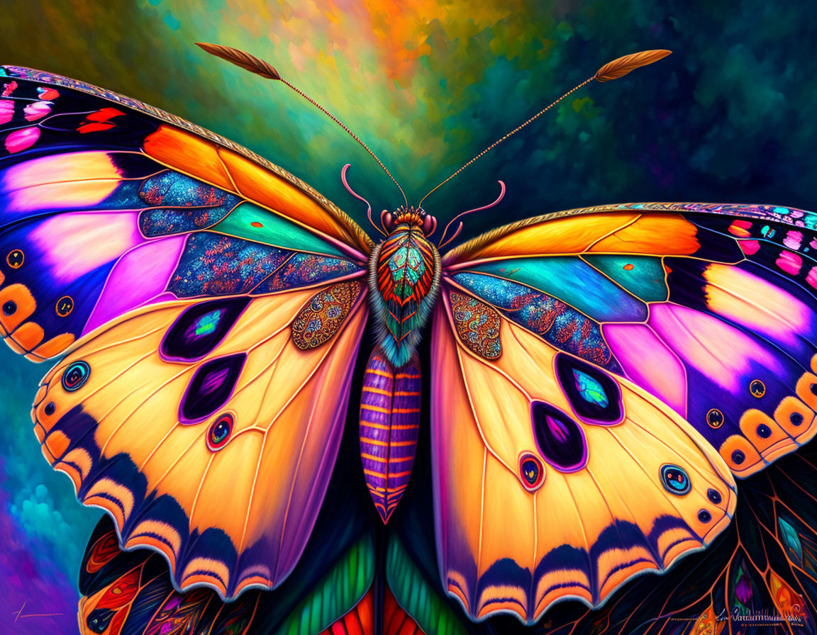 Colorful Stylized Butterfly with Detailed Wing Patterns on Psychedelic Sky Background