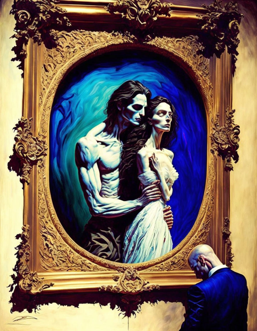 Stylized gothic couple painting in ornate gold frame with modern man bowing.