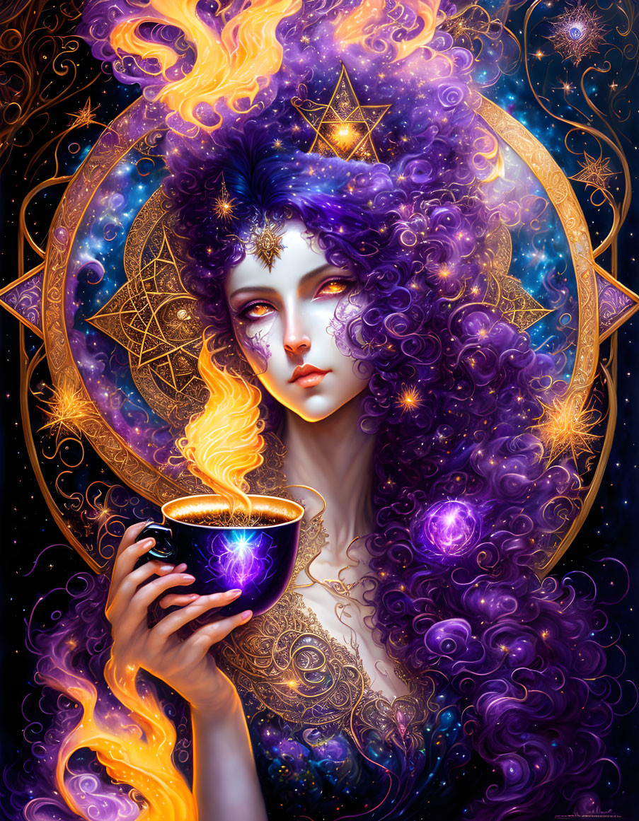 Mystical female figure with purple hair and celestial symbols.