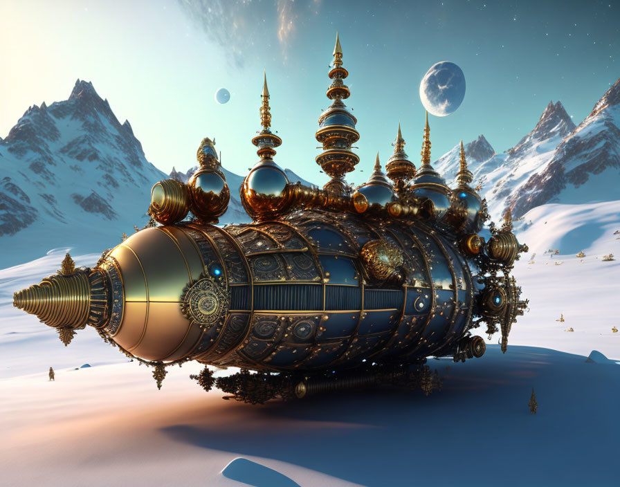 Steampunk-style airship over snowy mountains and moons